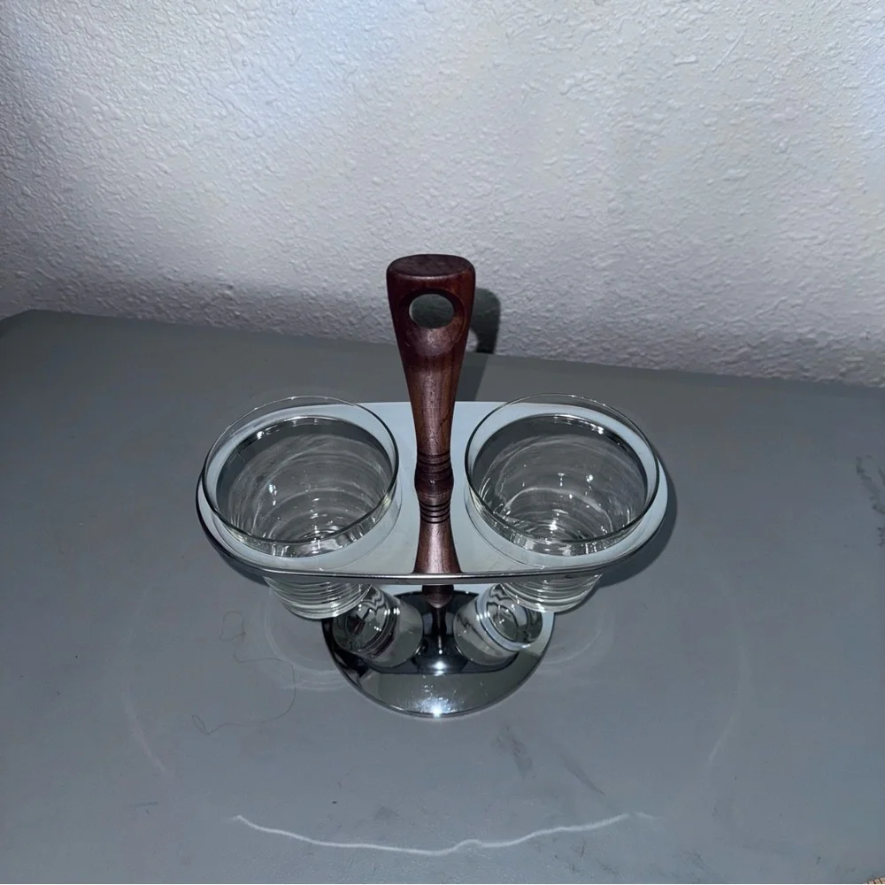 Vintage Mid-Century Chrome Walnut Condiment Caddy: Dual Glass Serving Cups